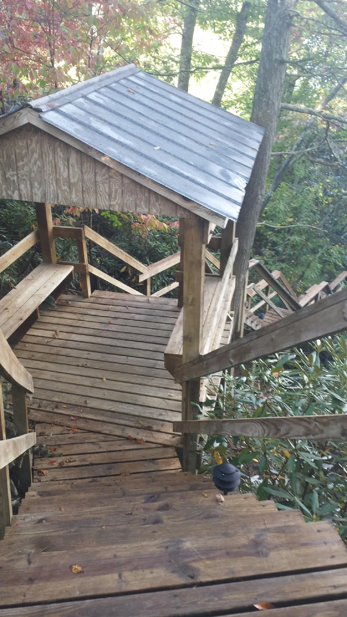 Metal roofed shelter over wooden steps on a wooded walkway — Skylight Repair & Installation work by our crew in Horseshoe Bay